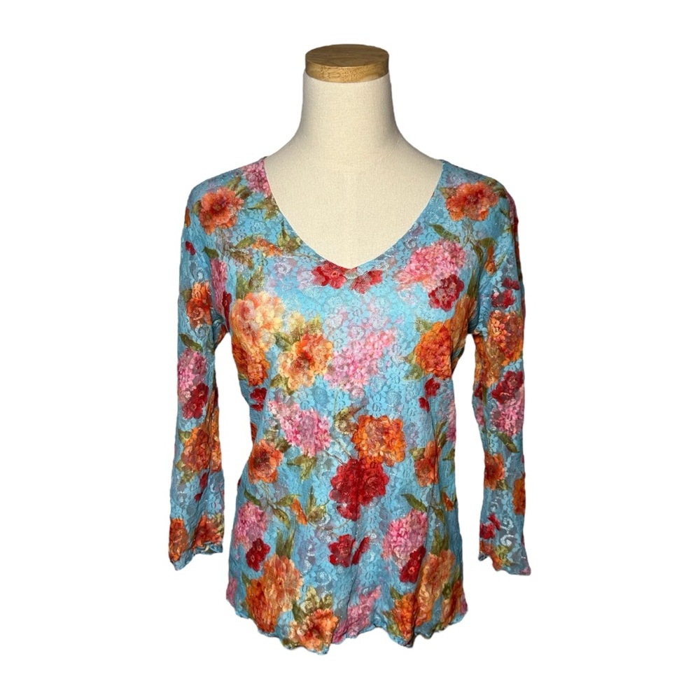Vintage Y2K Po Blue Floral Lace V-Neck Top w/ Lettuce Hem, XL